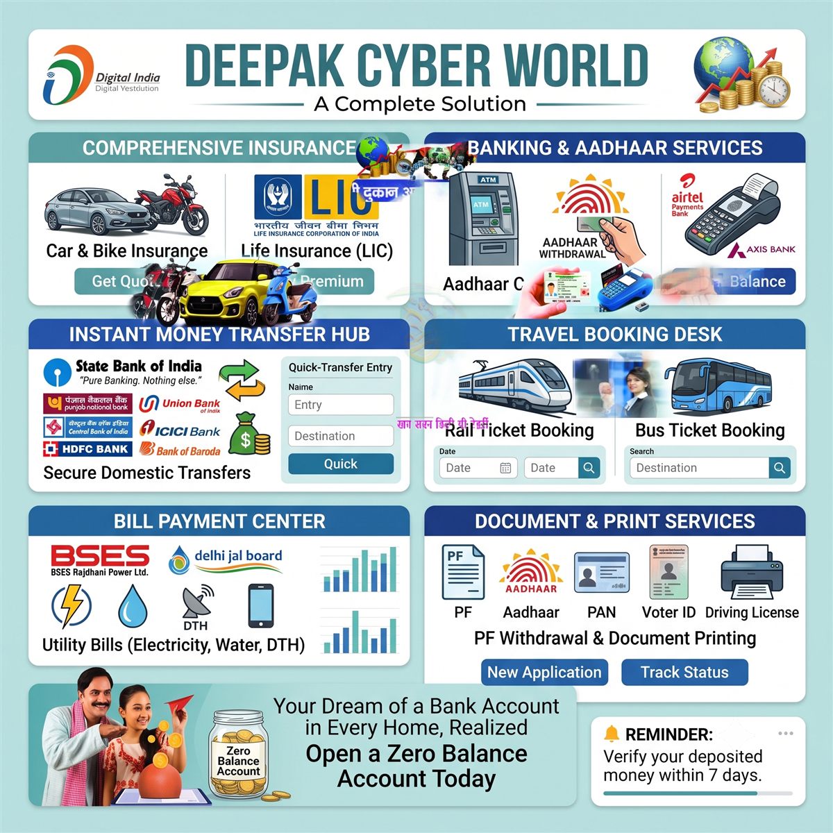 Deepak Cyber World poster showing banking, document, ticket, insurance and bill payment services